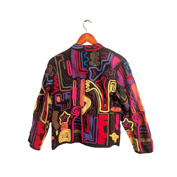 Chico's Geometric Jacket Black Multicolor Embroidered Sz 0 Boho Fun Party Wear - Picture 2 of 4
